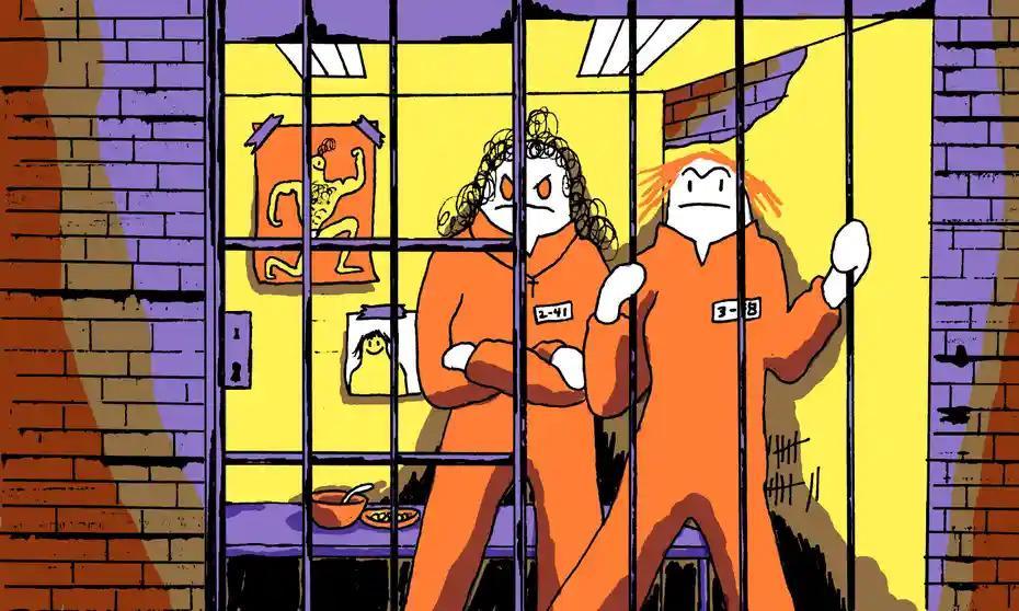 Two people in orange jumpsuits are standing behind bars.